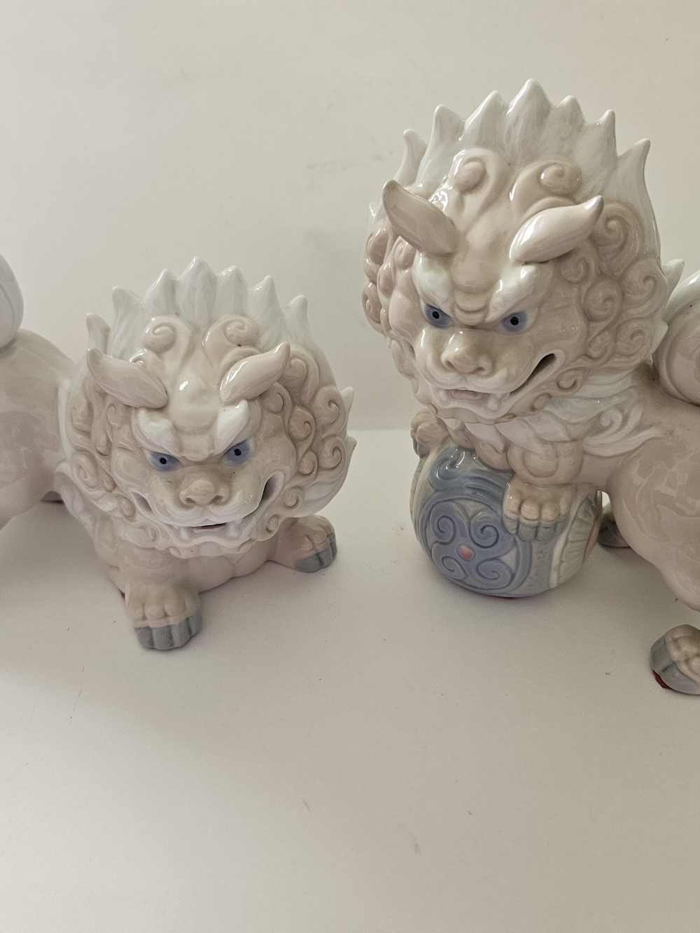 Porcelain Foo Dog Pair in Pale Pink and Cream